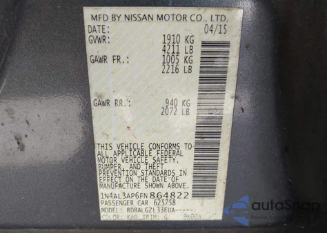 2015 Nissan Altima 2.5/2.5 S/2.5 Sl/2.5 Sv z USA, uszkodzony, nr VIN 1N4AL3AP6FN864822